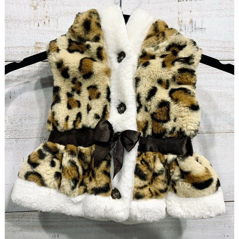 Small Wonders Vest Cheetah Print Faux Fur Baby Girls 6 - 9 Months W/ Hood - Picture 1 of 4